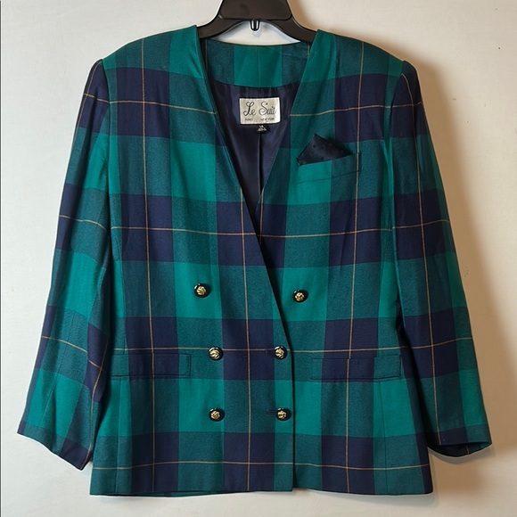 Vintage Le Suit Blazer Size 14 Blue Green Plaid Double Breasted - Picture 2 of 5